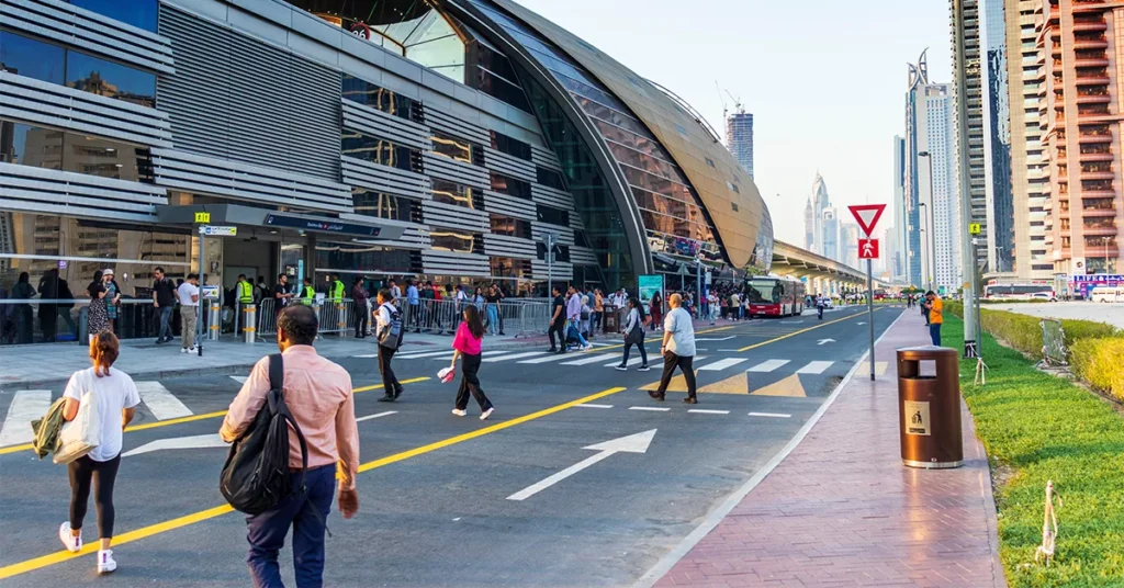 Business Bay 2 bus station entrance on Marasi Drive Dubai with Business Bay metro station in background