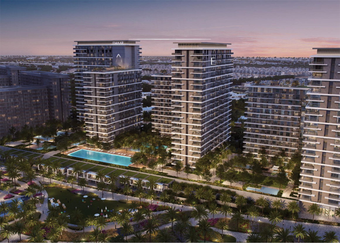 Dubai Hills Estate Park Heights apartment building exterior with cycling track and parkland in foreground representing apartment living in Dubai Hills Estate
