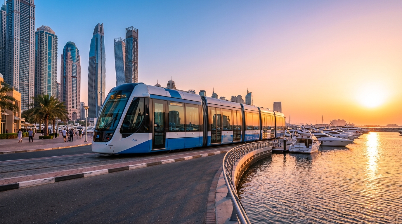 Dubai Marina Tram running along Marina Walk connecting residential towers to metro and JBR in Dubai Marina 2026