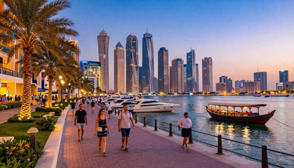 Dubai Marina Walk waterfront promenade with outdoor café seating and luxury yachts in the marina basin