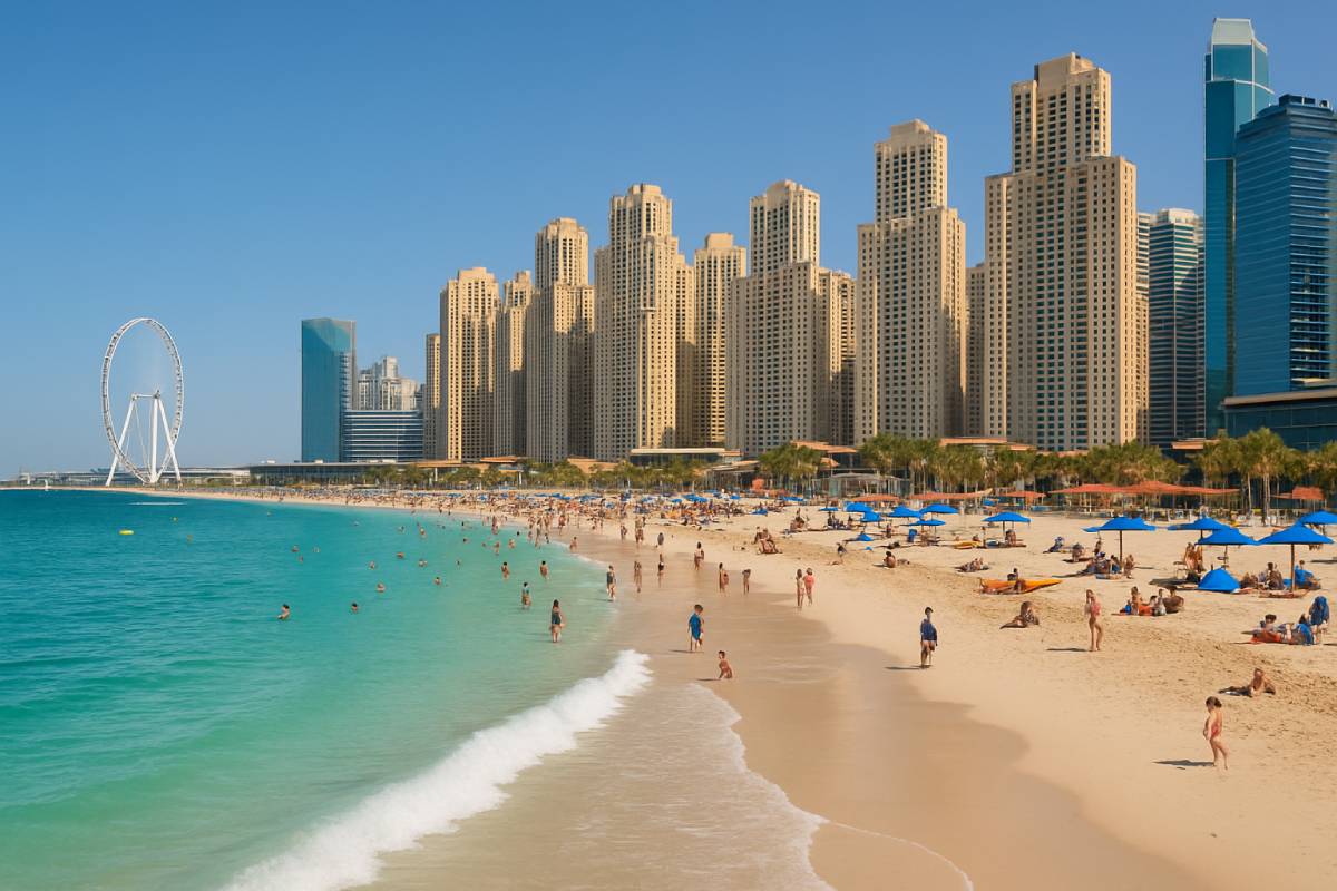 Dubai Marina beach and JBR waterfront with residential towers in the background representing beach-adjacent lifestyle in Dubai Marina