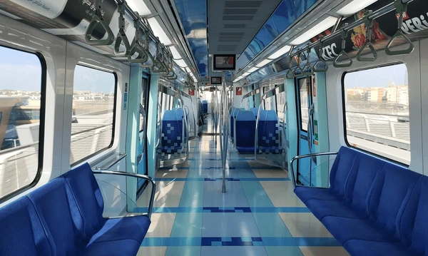Dubai Metro Gold Class cabin interior showing premium seating and route map display