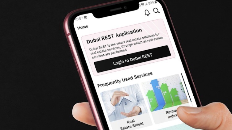 Dubai REST App on smartphone showing the Ejari registration service screen for online Ejari registration in Dubai 2026