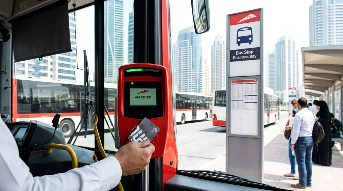 Passenger tapping NOL card on RTA bus fare reader at Business Bay bus station Dubai