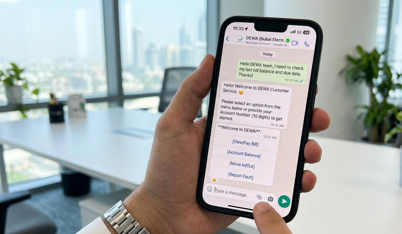 Smartphone showing WhatsApp chat with DEWA Dubai verified business account to pay DEWA bill via WhatsApp in Dubai