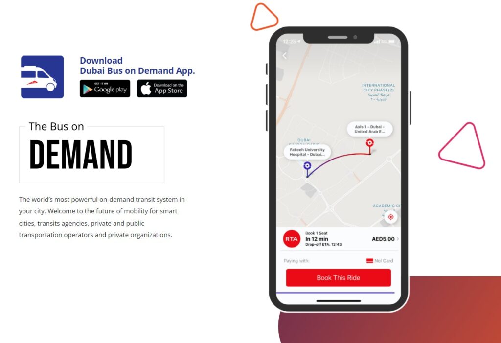 Smartphone showing the Dubai Bus on Demand app booking screen with pickup and destination entry fields representing the booking process for Bus on Demand Dubai