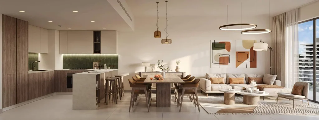 LIVING room in the Wilds Residences by Aldar Properties in Dubailand, Dubai