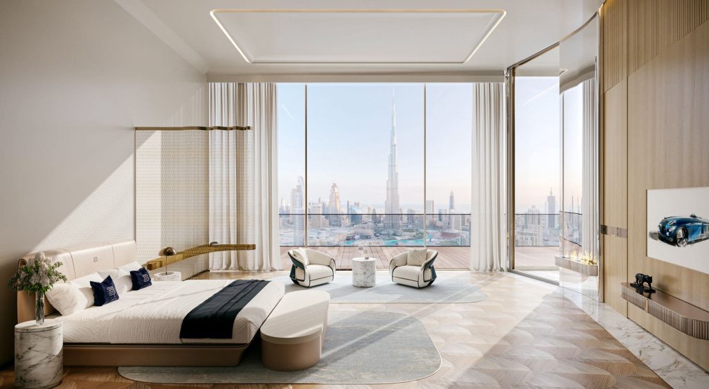 Master Bedroom with burj khalifa view at Bugatti Residences by Binghatti in Business Bay Dubai