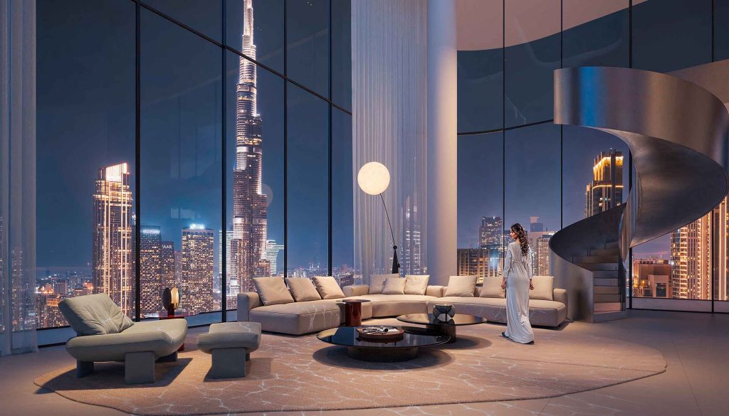 burj khalifa view from the living room in Inaura Hotels & Residences by ARADA, Downtown Dubai