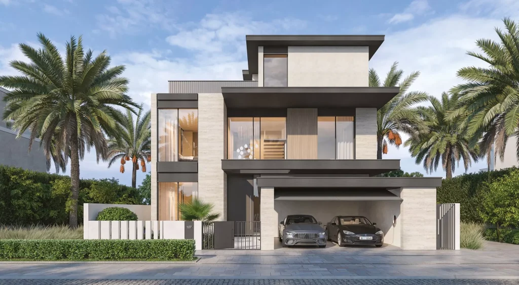 exterior design of a luxury villa at Lakeshore at The Sanctuary in MBR city by Ellington Properties
