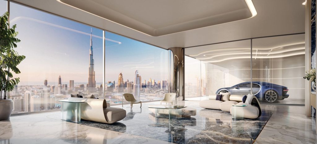 indoor luxury parking at Bugatti Residences luxury units by Binghatti in Business Bay Dubai