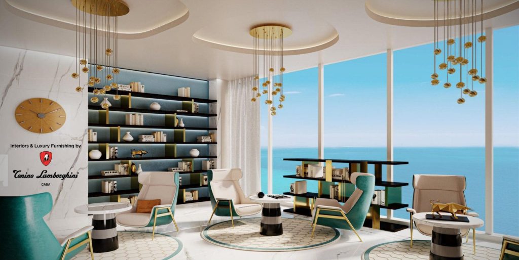 interior design of a cafe at Oceanz 3 by Danube Properties in Dubai Maritime City
