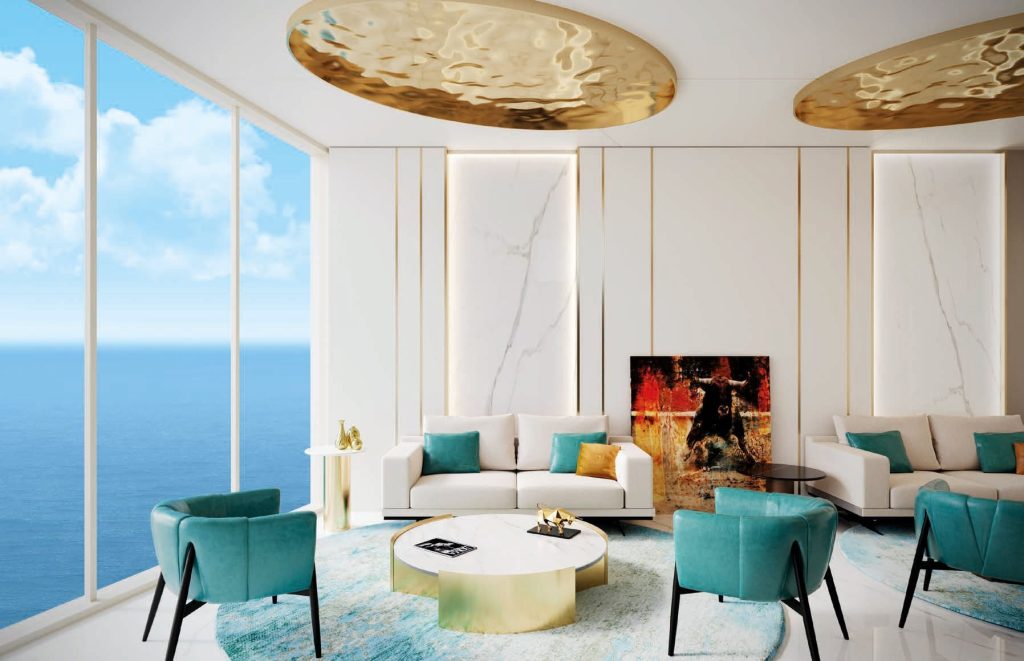 interior design of a room has a sea view aat Oceanz 3 by Danube Properties in Dubai Maritime City