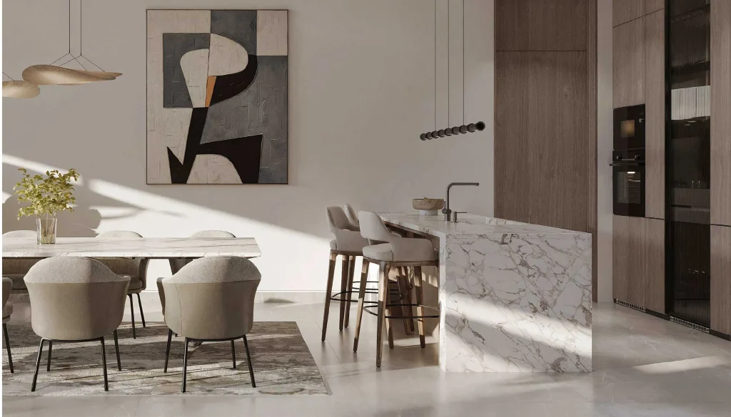kitchen and dining area in in Pinewood Estate Homes by Wasl at Jumeirah Golf Estates, Dubai