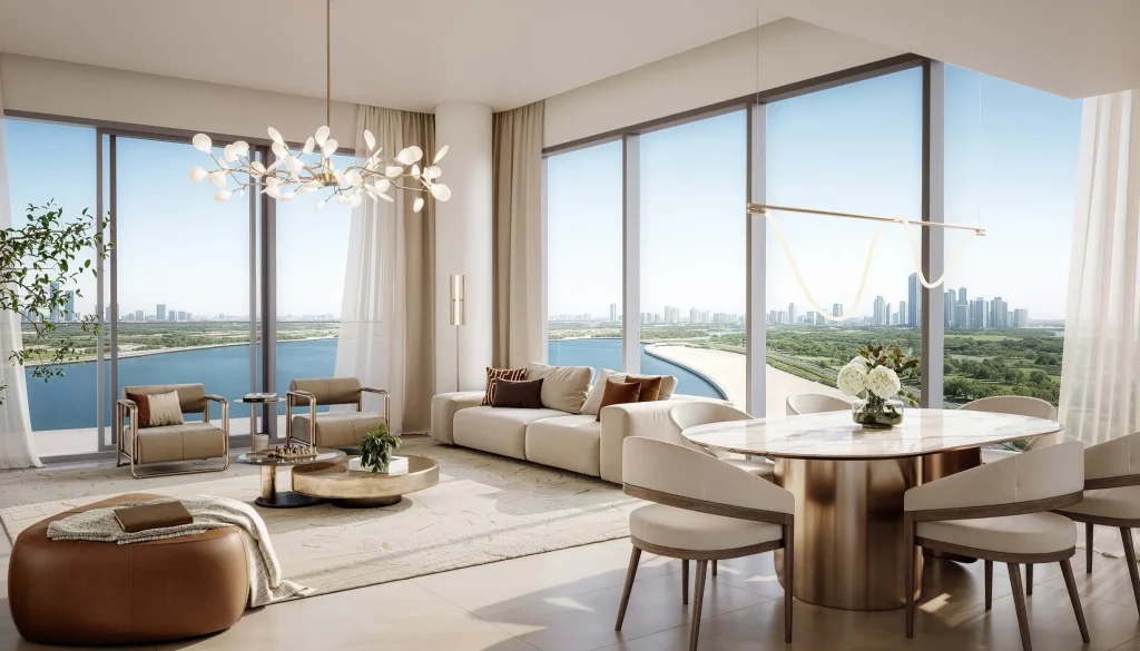 landscape view from the living and dining room at The Edit at in Dubai Design District (d3) by Meraas