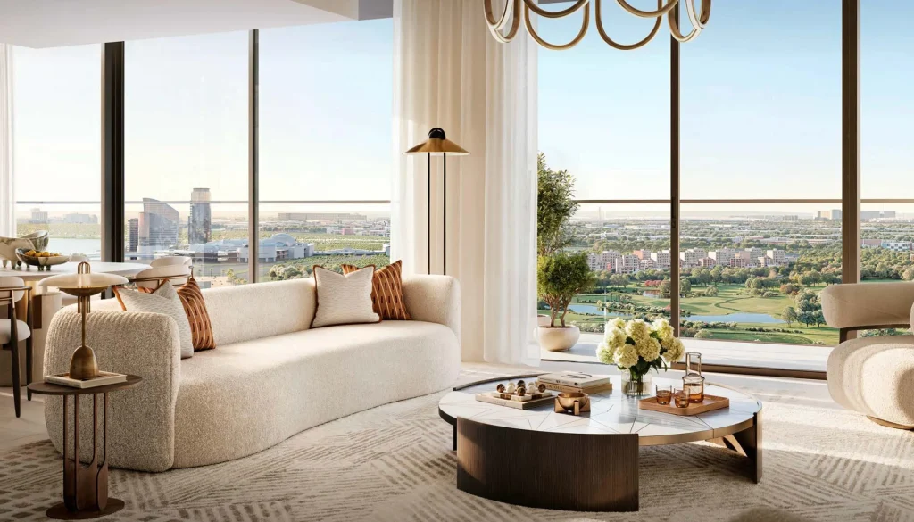 landscape view from the living room at Lyvia by Palace Emaar in Dubai Creek Harbour