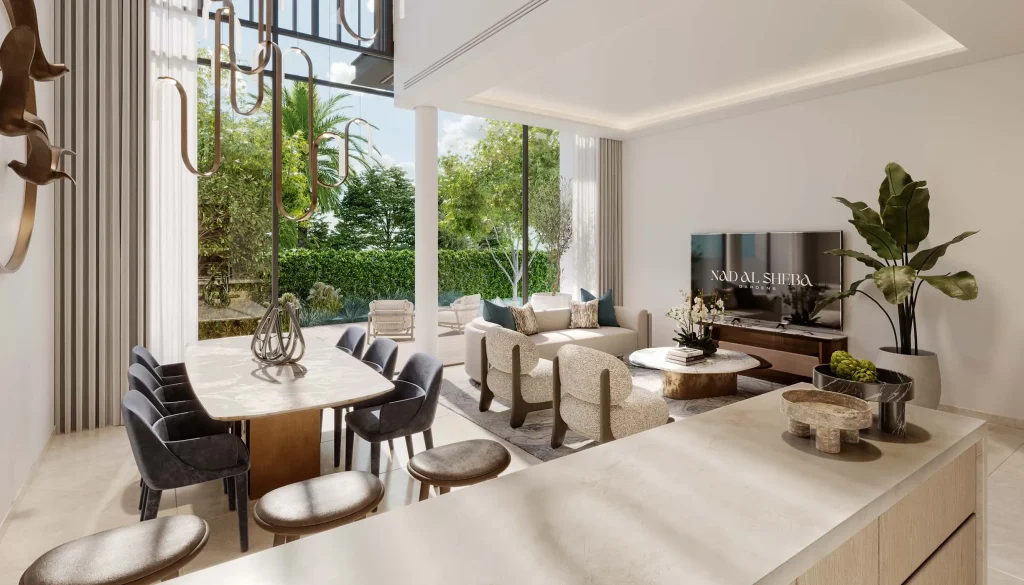 living and dining room at Nad Al Sheba Gardens Phase 11 in Meydan by Meraas, Dubai