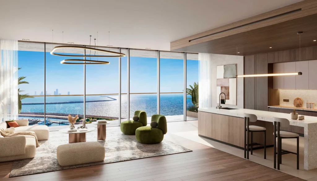 living room with sea view at LIV Oceanside by LIV Developers in Dubai Islands Dubai