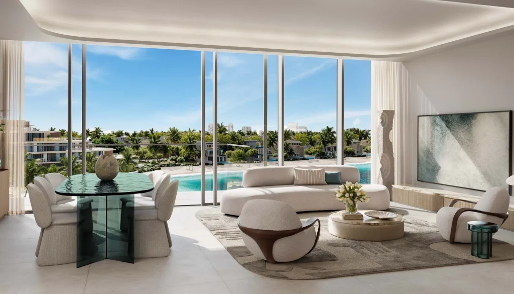 luxury living room with sky and sea view at Palm Central Private Residences by Nakheel in Palm Jebel Ali, Dubai