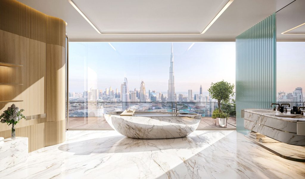 luxury master bathroom at Bugatti Residences by Binghatti in Business Bay Dubai
