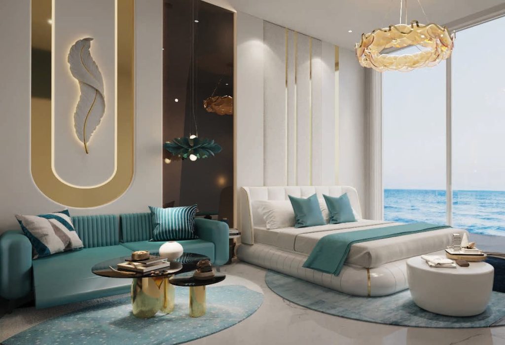 luxury master bedroom in an apartment at Oceanz 3 by Danube Properties in Dubai Maritime City