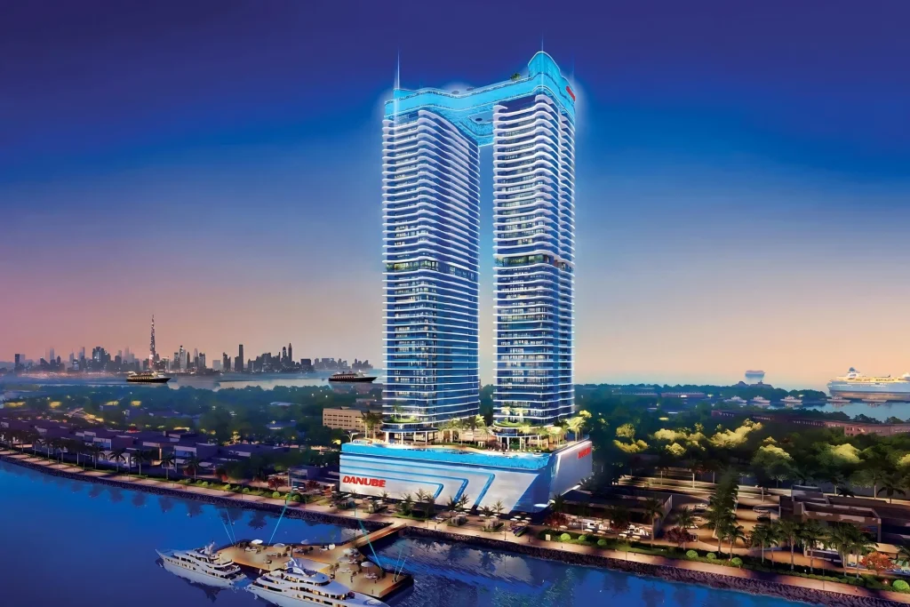 luxury towers at night top overview of Oceanz 3 by Danube Properties in Dubai Maritime City