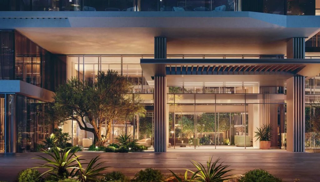 night exterior view of Palm Central Private Residences by Nakheel in Palm Jebel Ali, Dubai