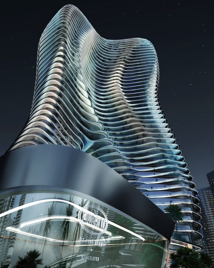 night view of Bugatti Residences by Binghatti in Business Bay Dubai