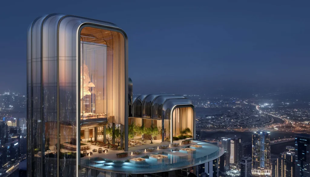 night view of LUMENA ALTA luxury offices by Omniyat in Business Bay Dubai