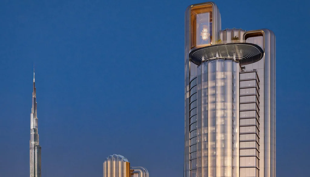 night view of burj khalifa and LUMENA ALTA by Omniyat in Business Bay Dubai
