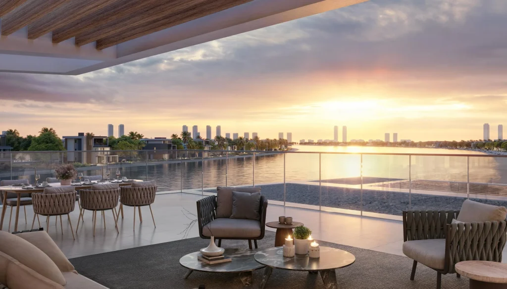 outdoor dining area at Palm Central Private Residences by Nakheel in Palm Jebel Ali, Dubai
