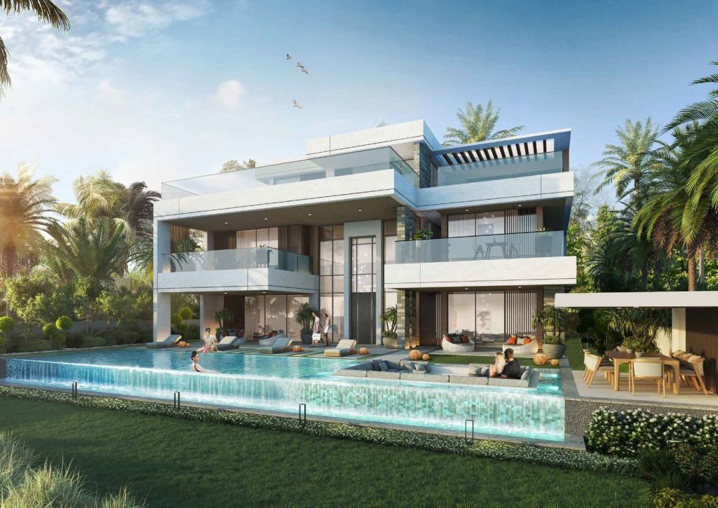 outdoor family gathering area and private pool in a villa at Morocco at DAMAC Lagoons by DAMAC Properties