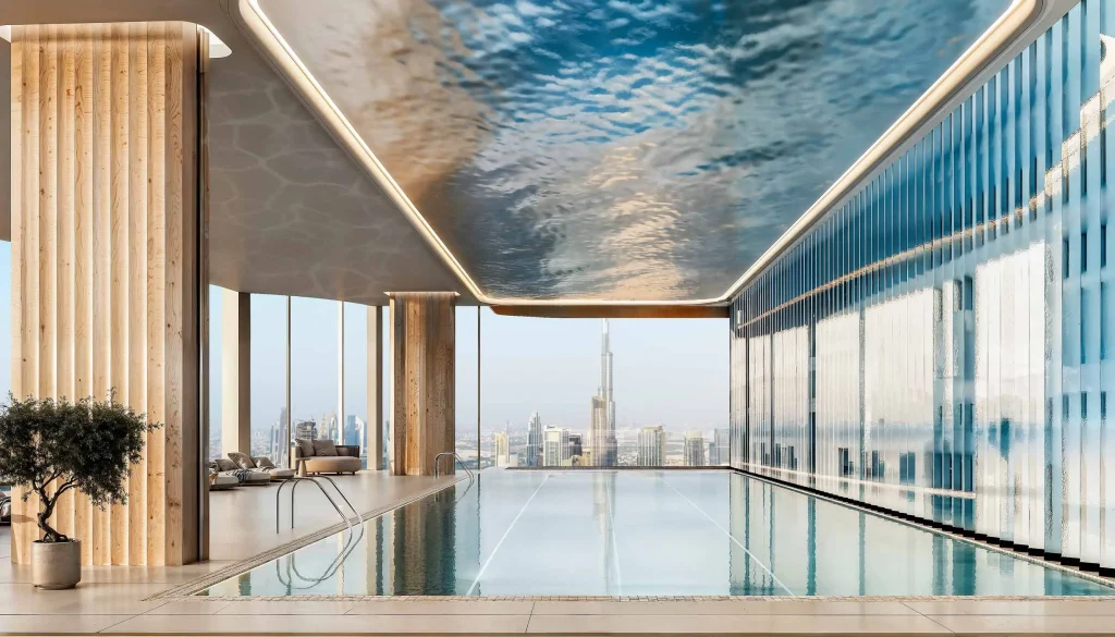 private pool with burj khalifa view at LUMENA ALTA by Omniyat in Business Bay Dubai