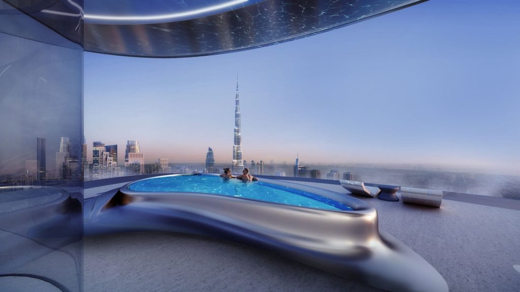 rooftop pool has burj khalifa view at Bugatti Residences by Binghatti in Business Bay Dubai