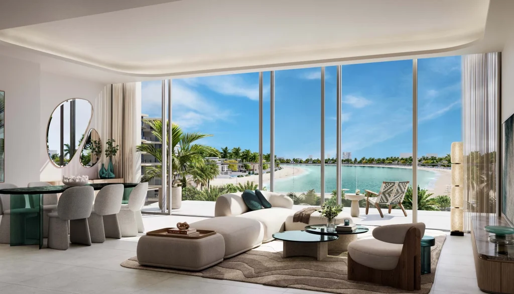 specious living and dining minimal room with sea view at Palm Central Private Residences by Nakheel in Palm Jebel Ali, Dubai