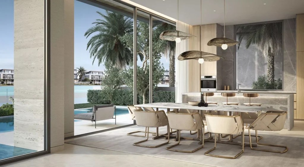 the dining area in a villa at Lakeshore at The Sanctuary in MBR city by Ellington Properties