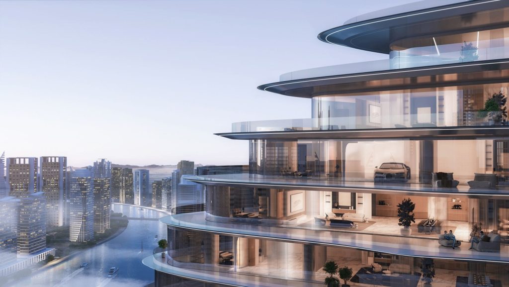 the exterior balcony design of Bugatti Residences by Binghatti in Business Bay Dubai