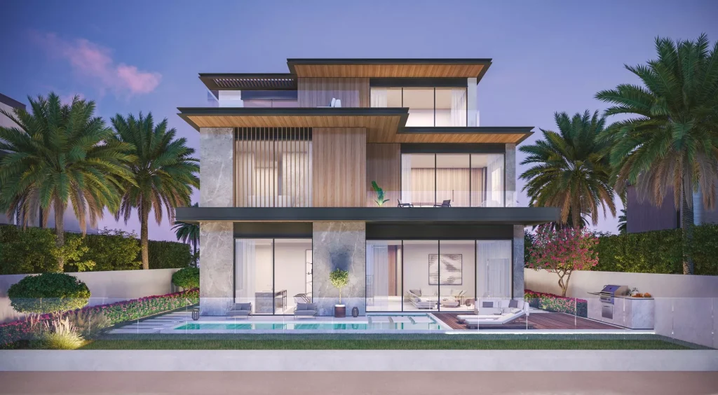 the exterior design and the private pool at Lakeshore at The Sanctuary in MBR city by Ellington Properties