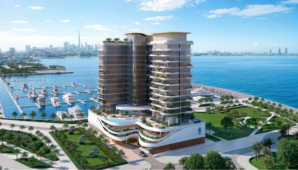 the exterior design of LIV Oceanside by LIV Developers in Dubai Islands Dubai with sea view and burj khalifa view