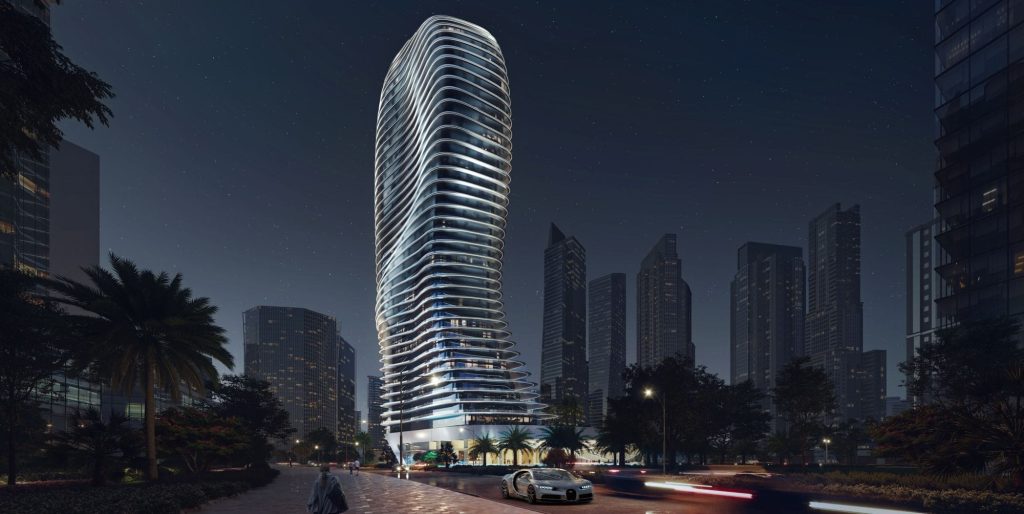 the iconic tower of Bugatti Residences by Binghatti in Business Bay Dubai