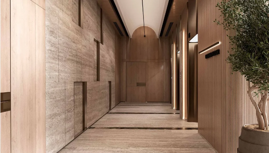 the interior design of an entrance in an partment at LIV Oceanside by LIV Developers in Dubai Islands Dubai