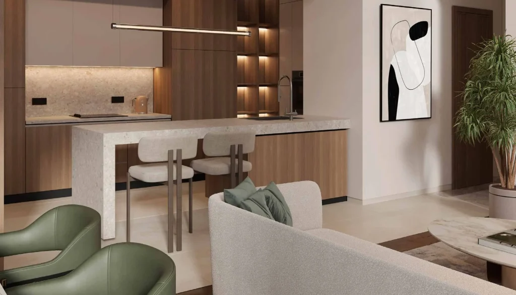 the interior design of an open kitchen at LIV Oceanside by LIV Developers in Dubai Islands Dubai