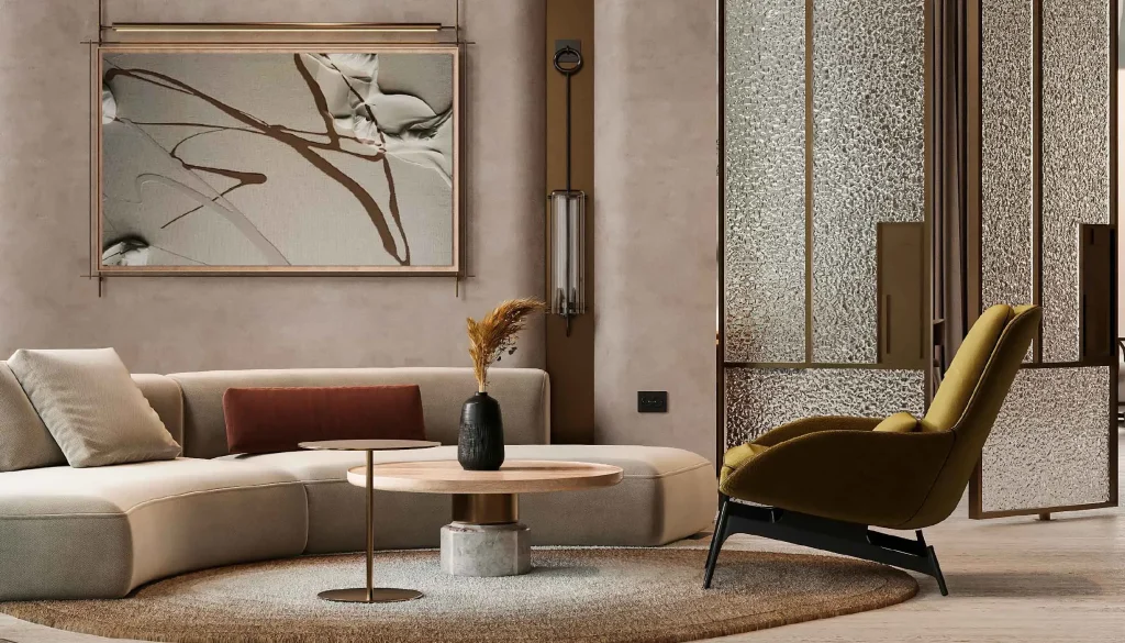 the interior design of the living room at LIV Oceanside by LIV Developers in Dubai Islands Dubai