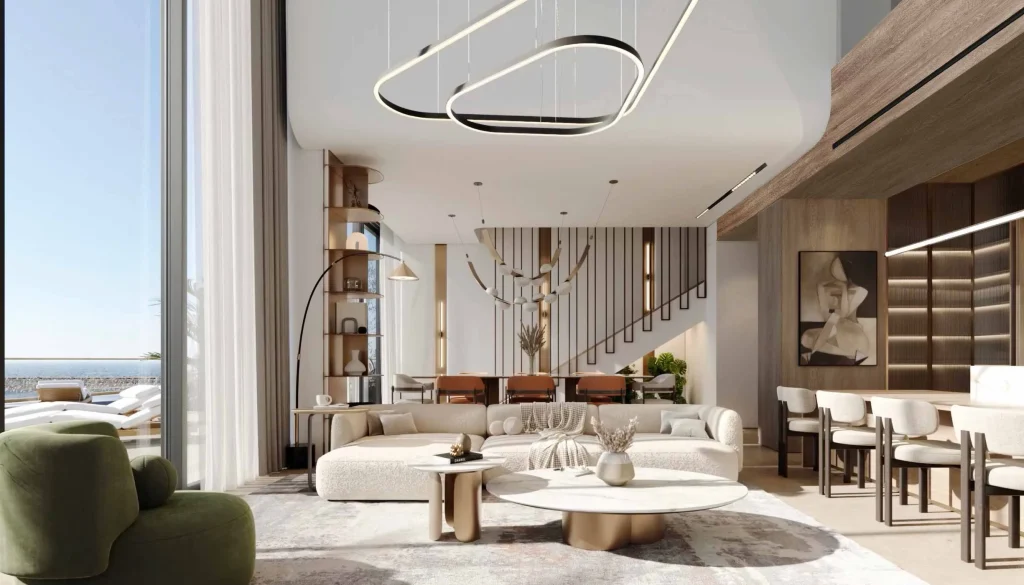the interior design of the living room at LIV Oceanside by LIV Developers in Dubai Islands Dubai