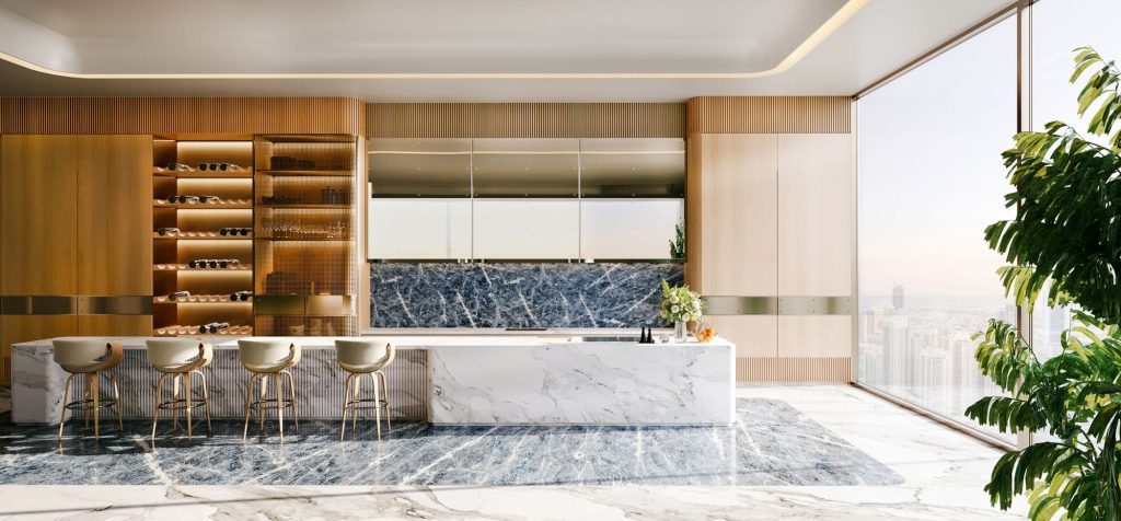 the kitchen area at Bugatti Residences by Binghatti in Business Bay Dubai