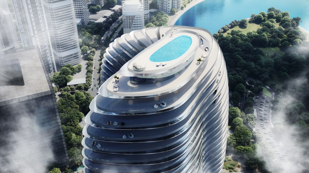 the landscape of Bugatti Residences by Binghatti in Business Bay Dubai