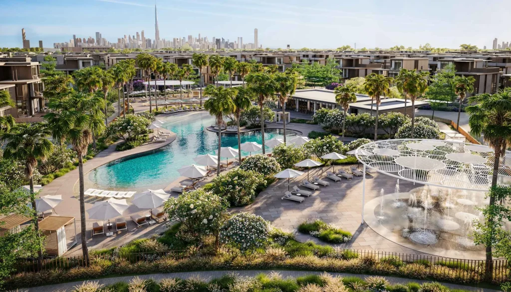 top overview of pools and landscape in Nad Al Sheba Gardens Phase 11 by Meraas