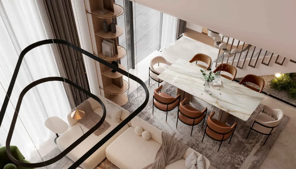 top view of the dining room and living room interior design at LIV Oceanside by LIV Developers in Dubai Islands Dubai