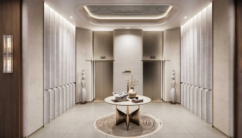 white gray cool interior design for a lobby at Eltiera Views by Ellington Properties, Jumeirah Islands, Dubai