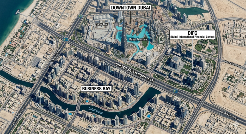 Business Bay Dubai location map showing distance from Downtown Dubai, DIFC, and Sheikh Zayed Road